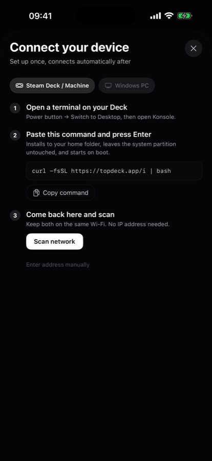 Setup guide showing the one-line install command